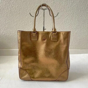 Tory Burch Robinson Gold Metallic Saffiano Mirror Tote Purse